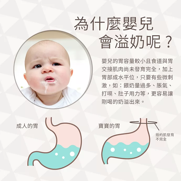 為什麼嬰兒會溢奶呢？嬰兒的胃容量較小且食道與胃交接肌肉尚未發育完全，加上胃部成水平位，只要有些微刺激，更容易讓剛喝的奶溢出來。