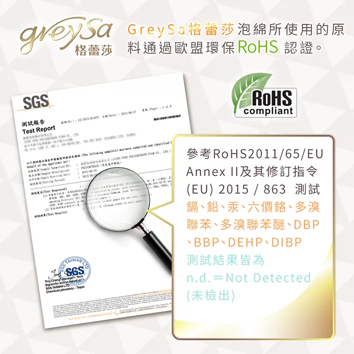 GreySa格蕾莎所使用的泡綿通過歐盟環保RoHS認證