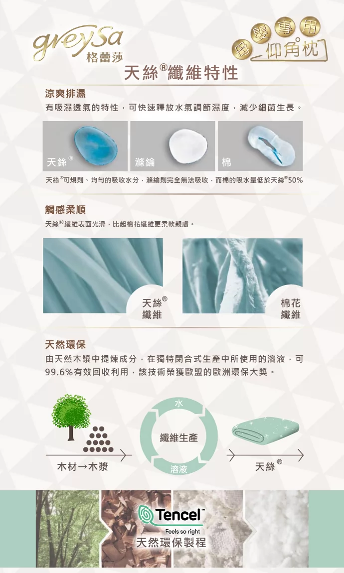 天絲TENCEL®具有涼爽排濕的特性，可吸濕透氣，快速釋放水氣調節濕度，減少細菌生長。天然環保製成。