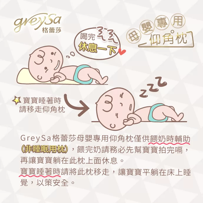 GreySa格蕾莎母嬰專用仰角枕 僅供餵奶時輔助（非睡眠用枕），餵完奶請務必先幫寶寶拍完嗝，再讓寶寶躺在此枕上面休息。寶寶睡著時請將此枕移走，以策安全。