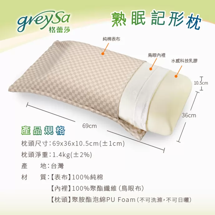 GreySa格蕾莎熟眠記形枕產品規格:材質包含100%純棉表布