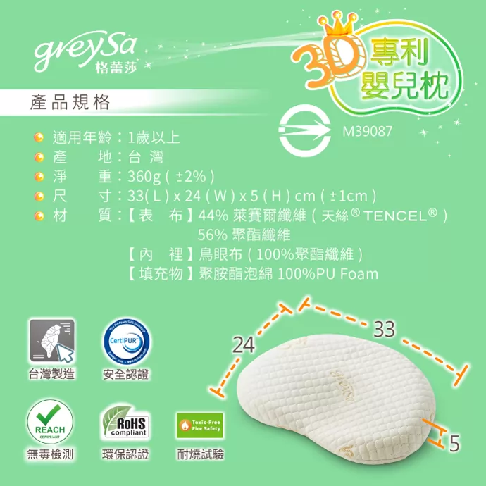 GreySa格蕾莎3D專利嬰兒枕產品規格：天絲款