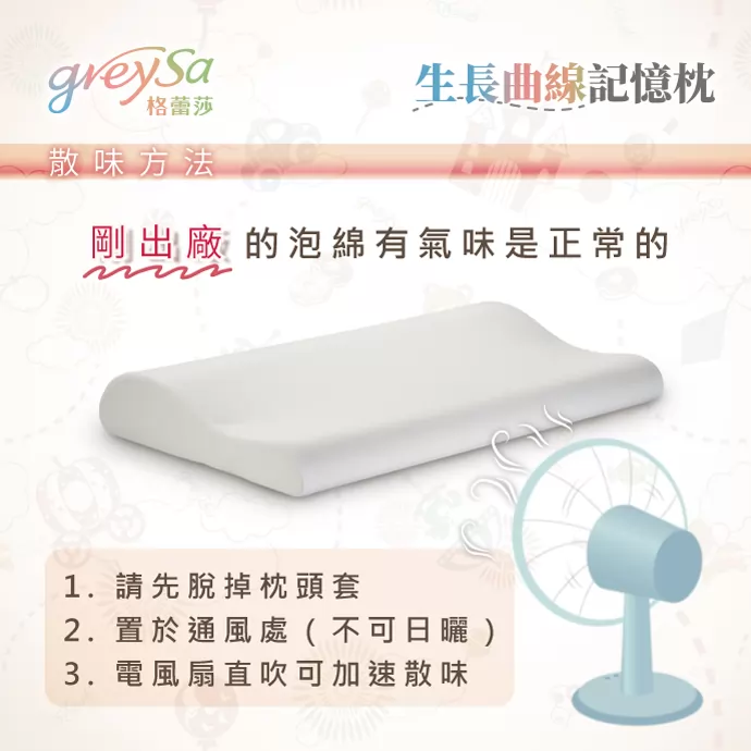 散味方式 剛出廠的泡綿有氣味是正常的 1.請先脫掉枕頭套 2.置於通風處(不可日曬) 3.電風扇直吹可加速散味